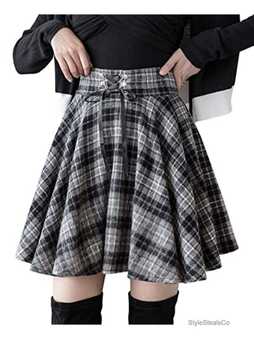 Wool Blend Plaid High Waist Lace Up A-Line Mini Skater Skirt